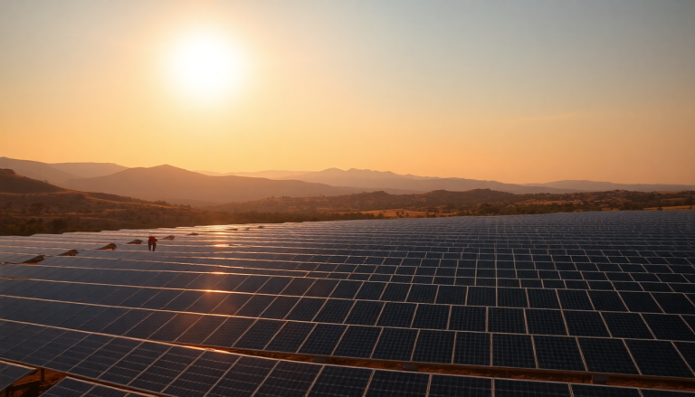 Immense ferme solaire près de Brignoles avec des panneaux reflétant le soleil sous un ciel bleu provençal.