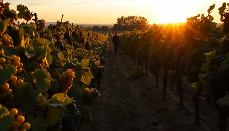 Vignoble de Châteauneuf-du-Pape au coucher du soleil, grappes de raisins dorées, vendangeurs au travail, ambiance paisible et traditionnelle.