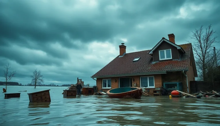 Rue inondée en Normandie avec des débris emportés par les eaux.