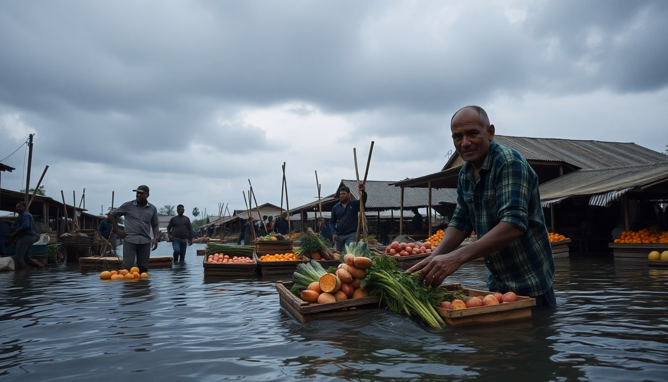 Marché de village détruit par une inondation