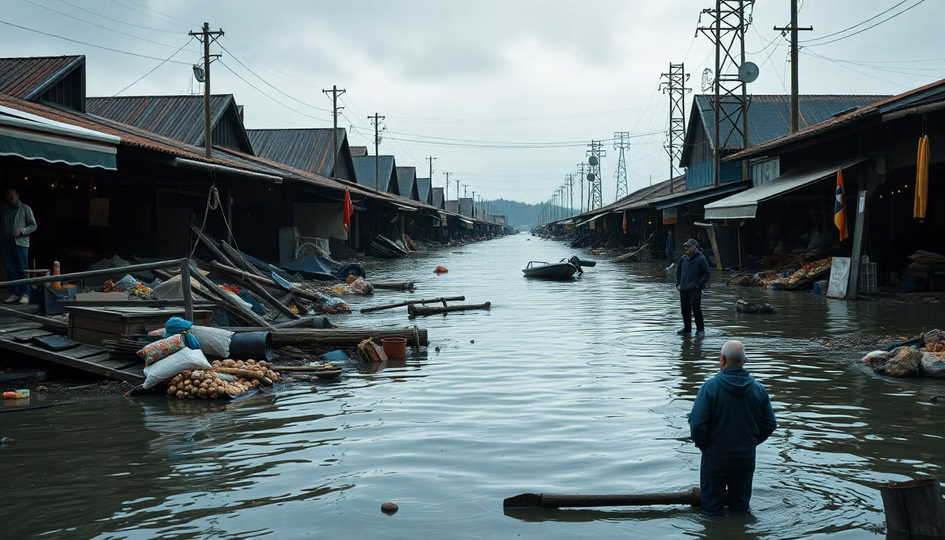 Un marché local envahi par les eaux, des étals détruits et des produits dispersés.