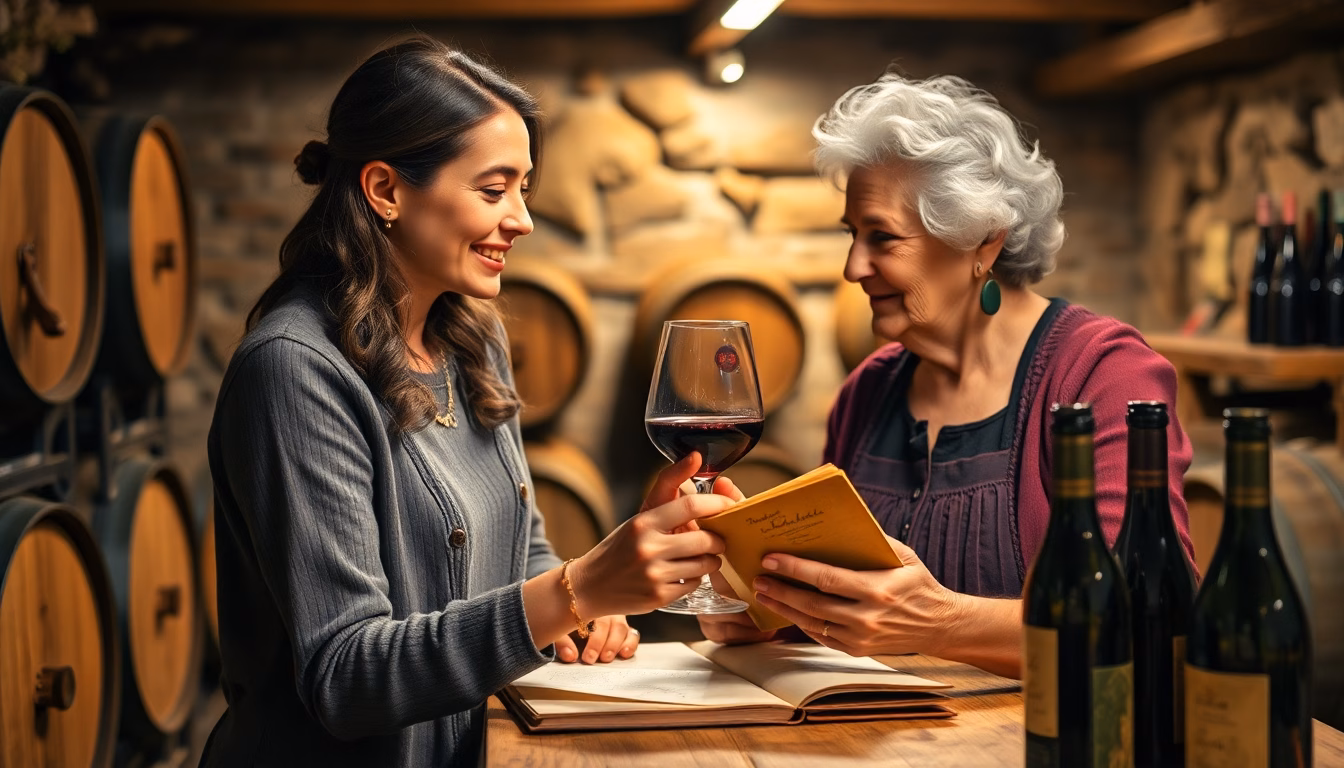 Une main tenant un verre de vin rouge, avec un vieux livre de recettes en arrière-plan.