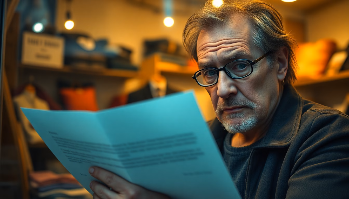 Un commerçant affolé devant un document officiel avec un montant