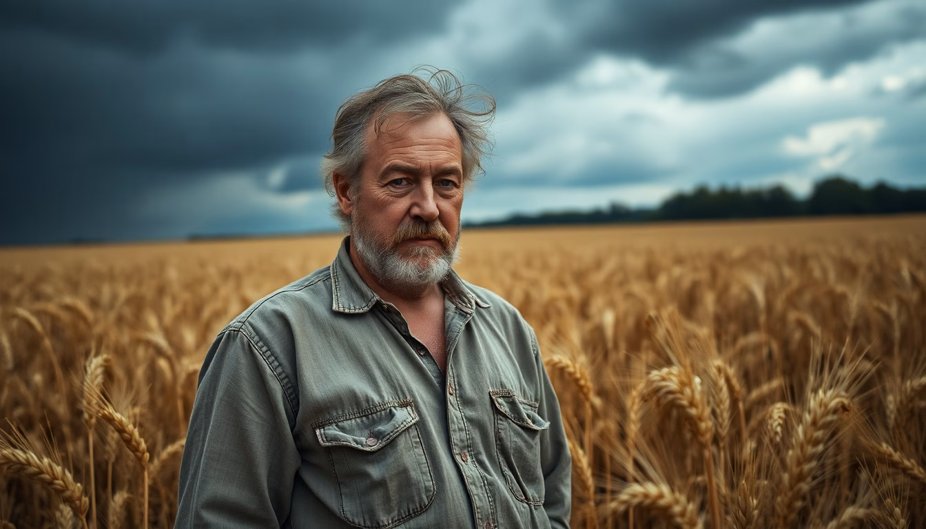 Champ agricole désolé sous un ciel menaçant