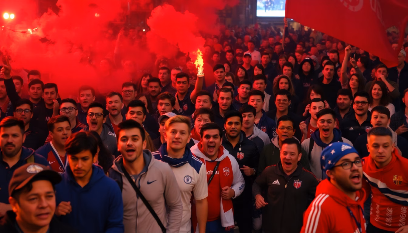Des supporters de football portant les couleurs de Strasbourg et de Marseille se faisant face dans un stade.