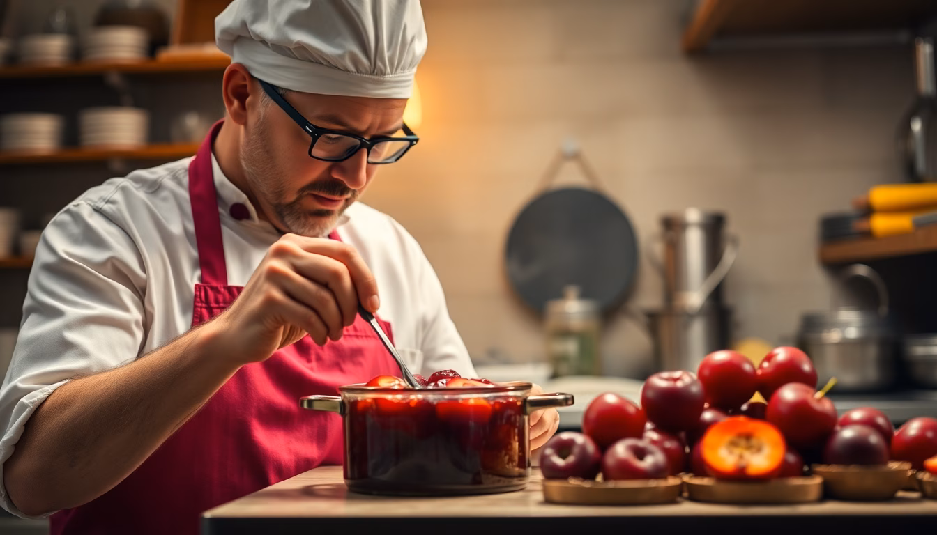 Pot de confiture maison débordant de fruits frais, avec un chef confiseur souriant en arrière-plan