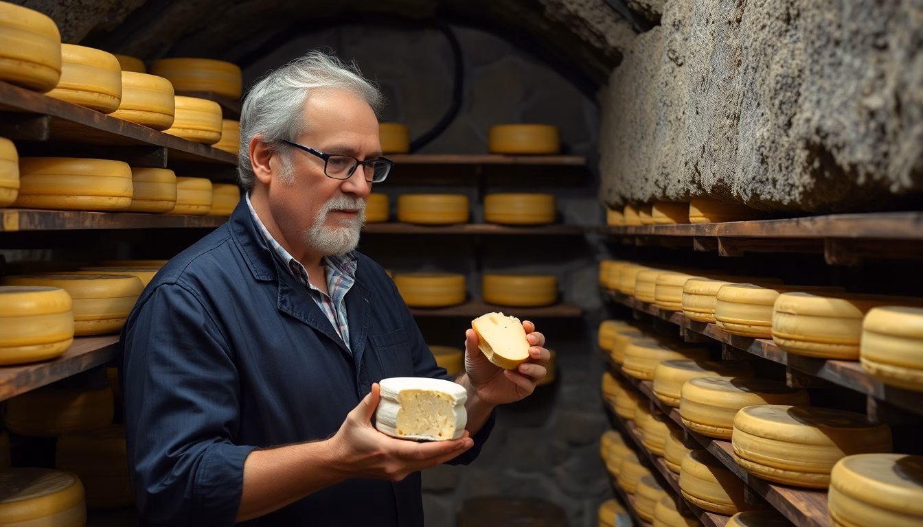Un plateau de fromages affinés avec un expert les dégustant.