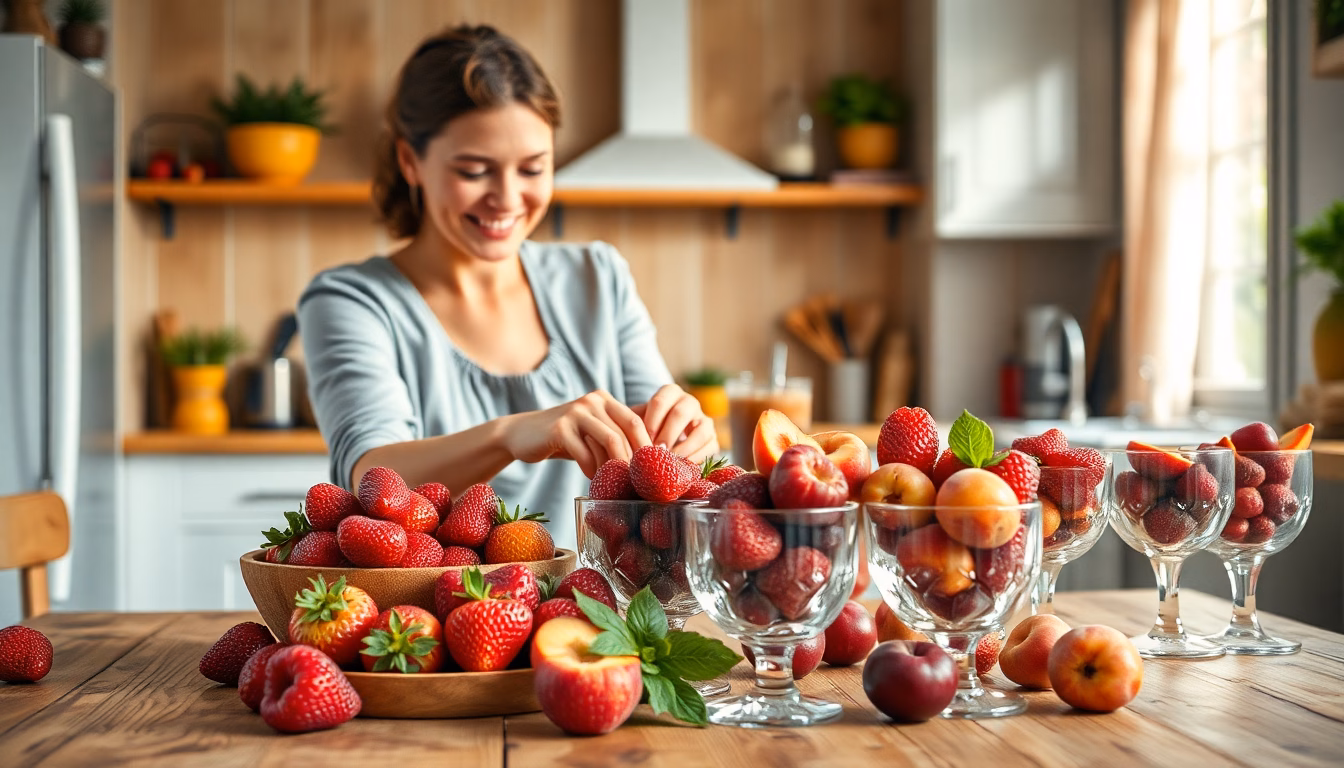 Plusieurs bocaux remplis de fruits frais conservés, alignés sur une étagère avec des herbes aromatiques.