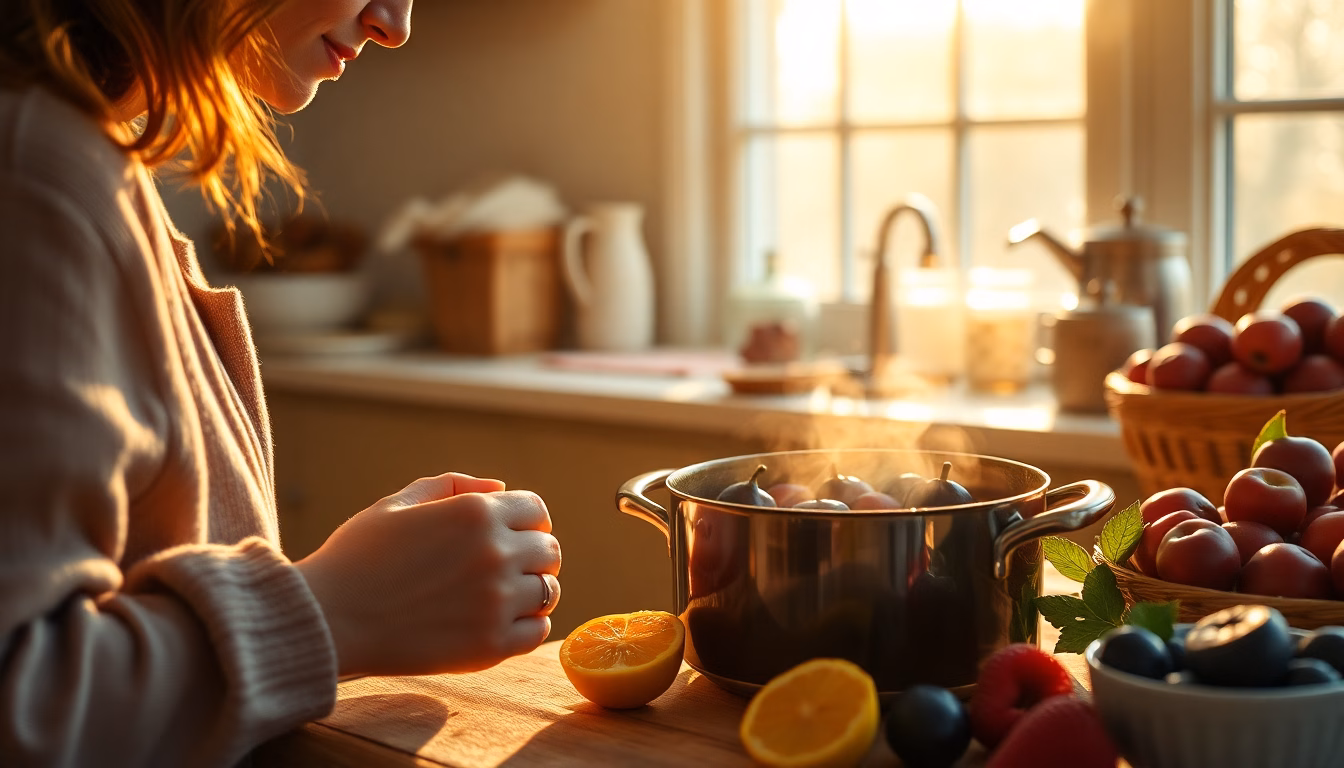 Un bocal de confiture de figues fait maison posé sur une table en bois avec des figues fraîches autour.
