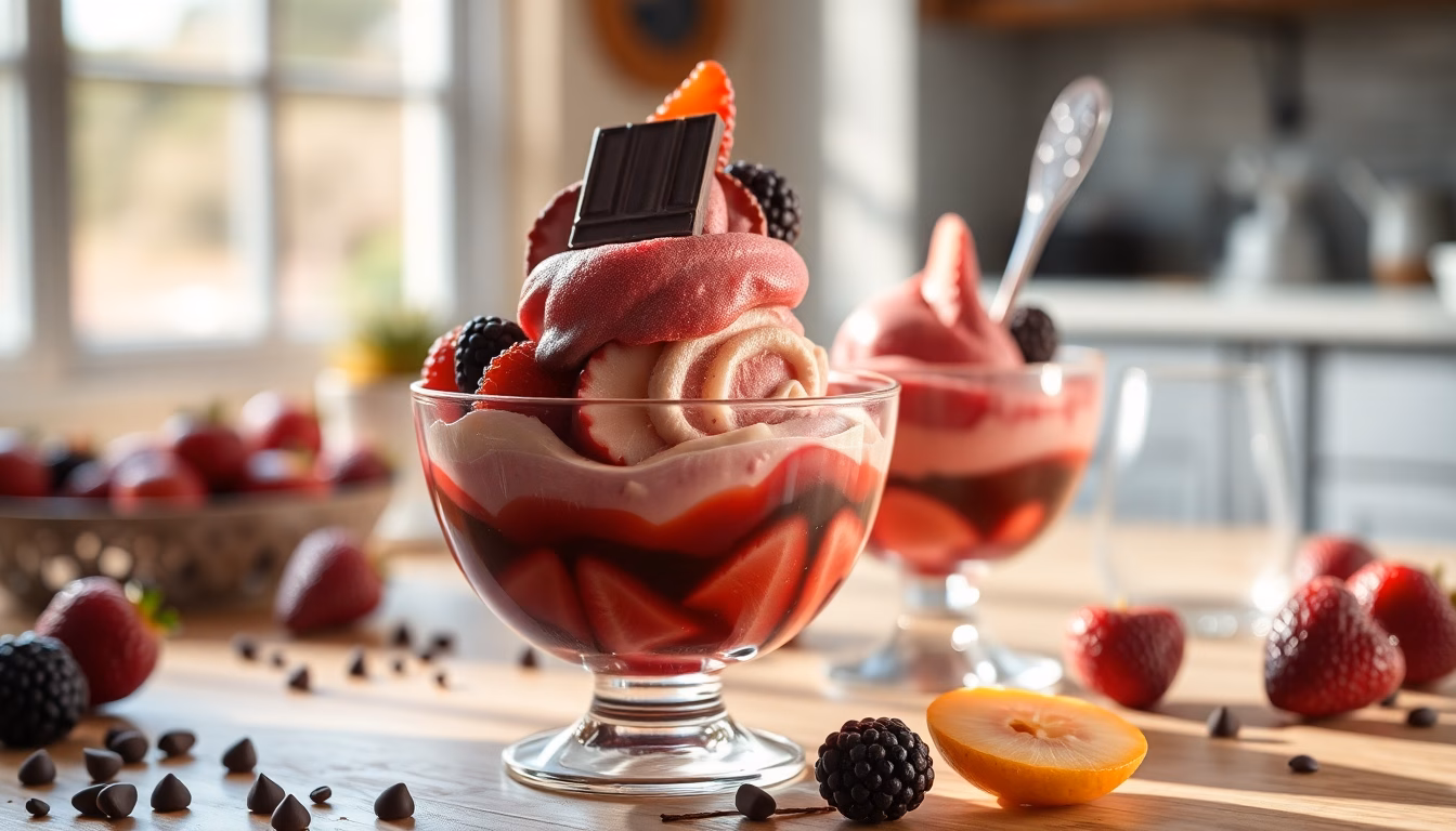 Une coupe de glace maison onctueuse et appétissante, décorée de fruits frais.