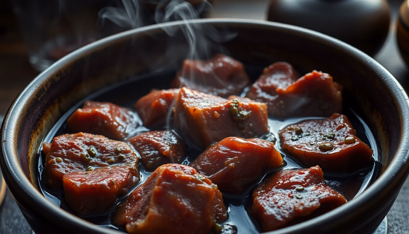 Morceau de viande mariné dans un mélange de marc de café et d'épices
