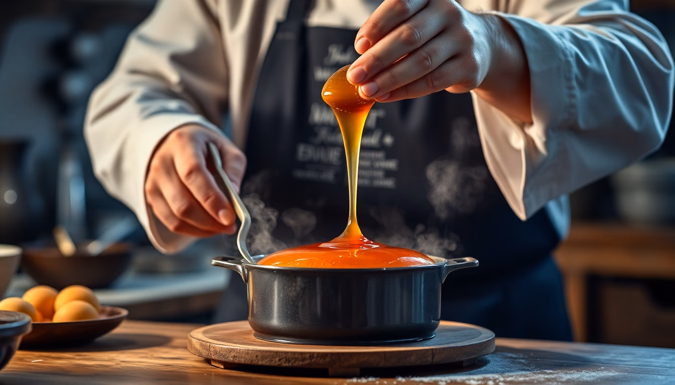 Gros plan sur du caramel doré et brillant dans une casserole.