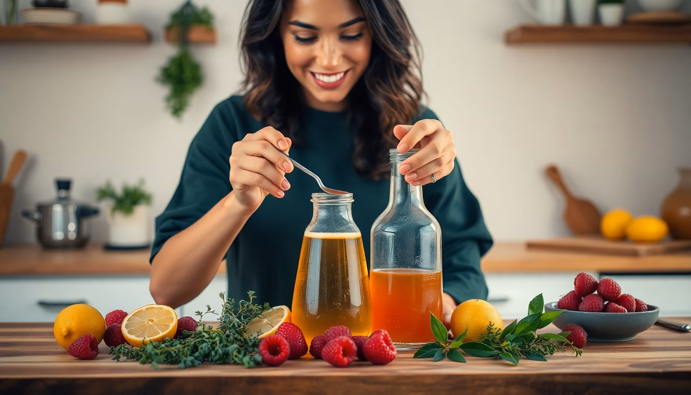 Bouteille de vinaigre aromatisé fait maison avec des herbes et des épices