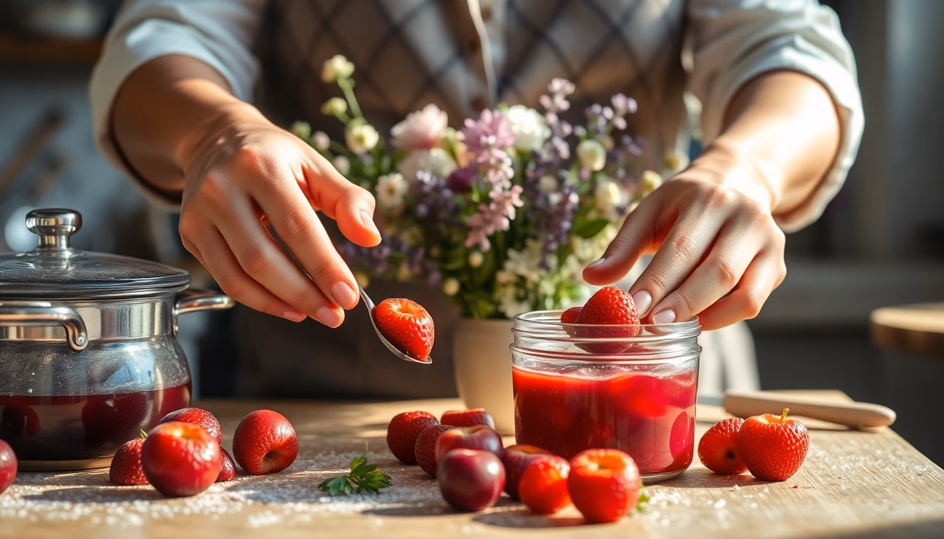 Pots de confiture maison sans sucre, remplis de fruits frais.