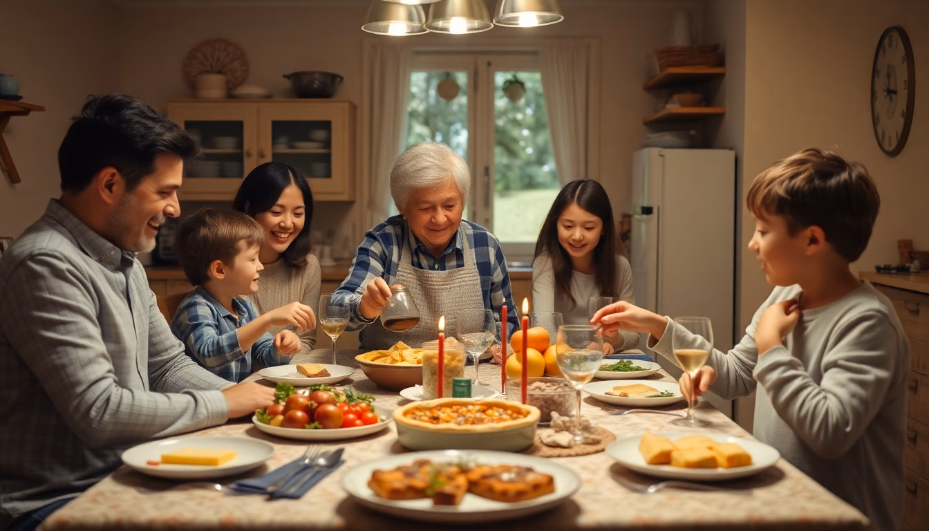 Famille souriante partageant un dîner improvisé
