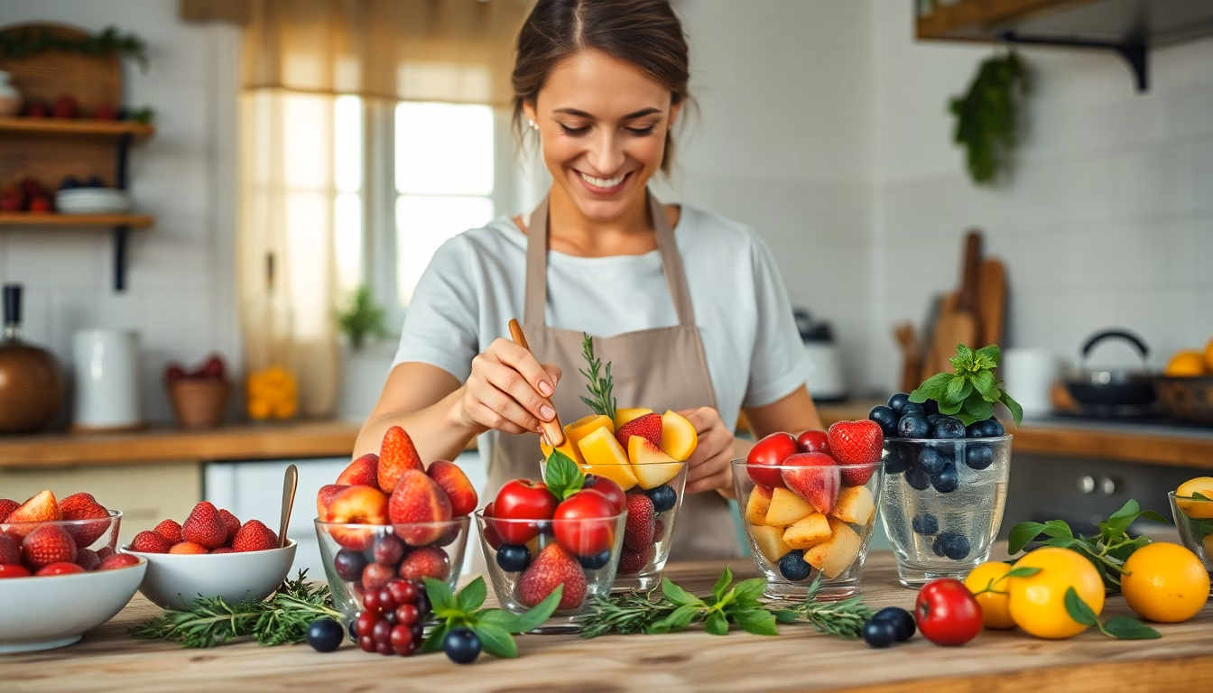 Une sélection de fruits frais conservés dans différents bocaux et paniers, avec des étiquettes indiquant la méthode.
