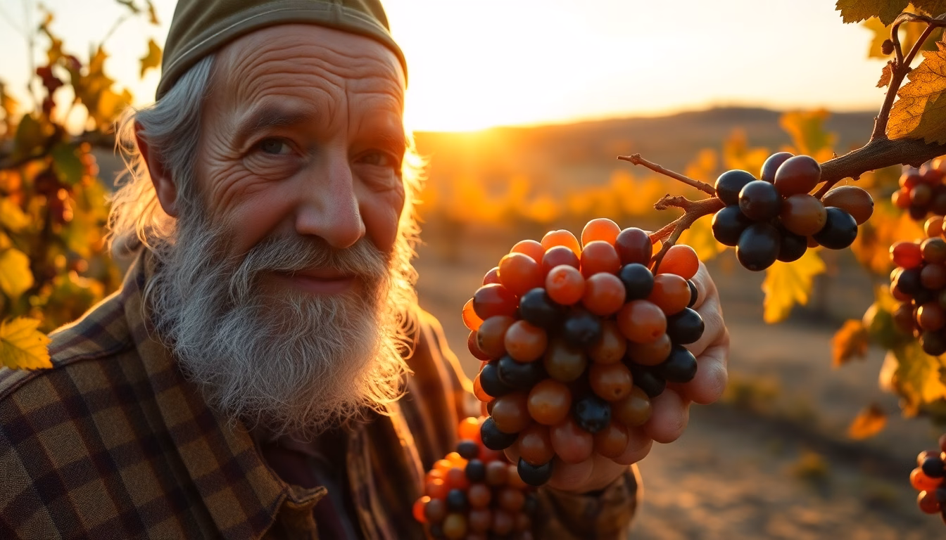Vigneron examinant des grappes de raisins mûrs sous le soleil d'automne.