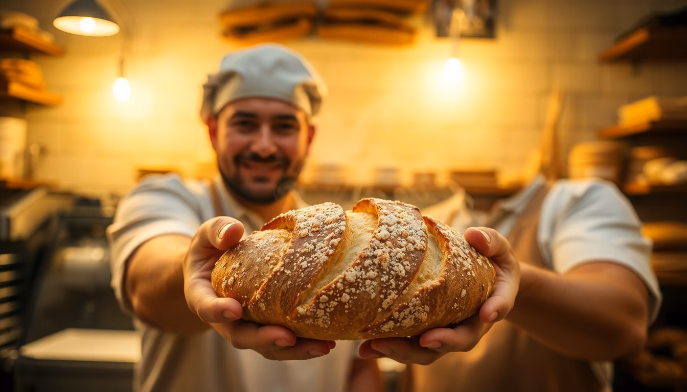 Artisan boulanger présentant une miche de pain à la croûte dorée et à la mie aérée, résultat d'une recette improvisée.