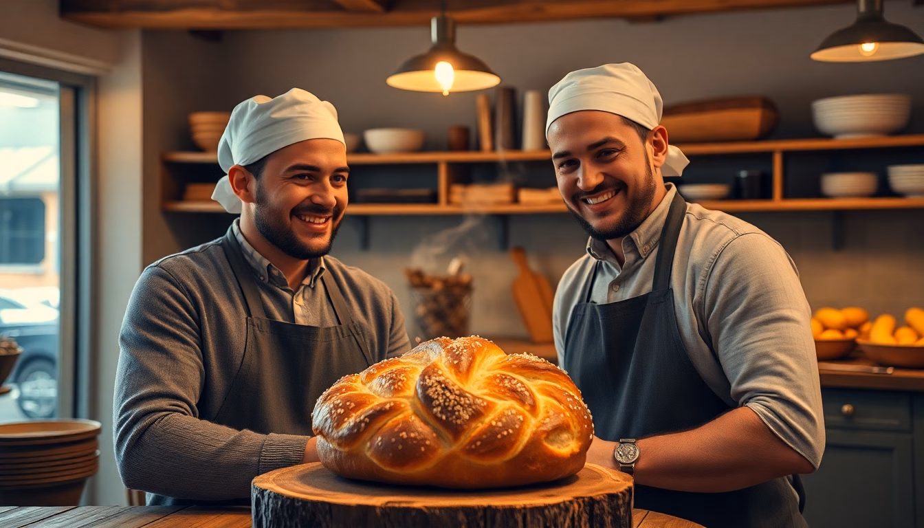 Artisan boulanger présentant une miche de pain fraîchement sortie du four