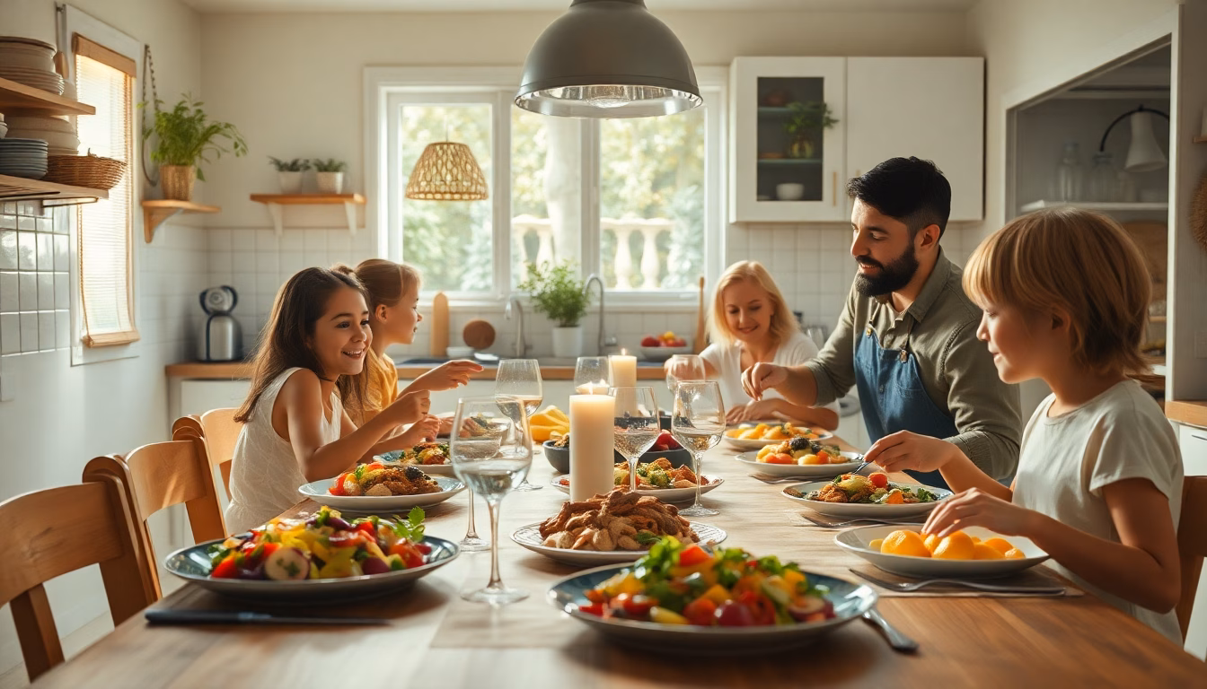 Table dressée avec un plat familial convivial et des sourires