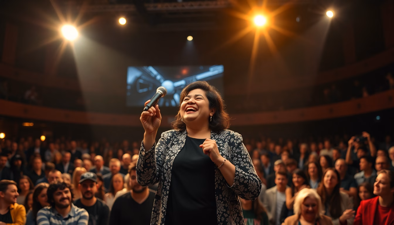 Photo de Nawell Madani sur scène, en plein sketch ou saluant le public.