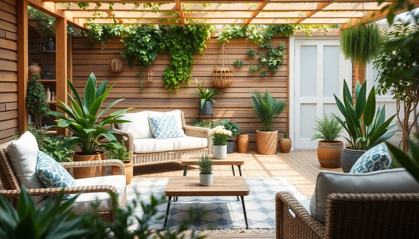 Jardin aménagé lumineux plantes coin salon