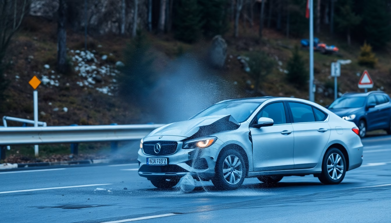 Route de montagne en Haute-Savoie avec une voiture accidentée