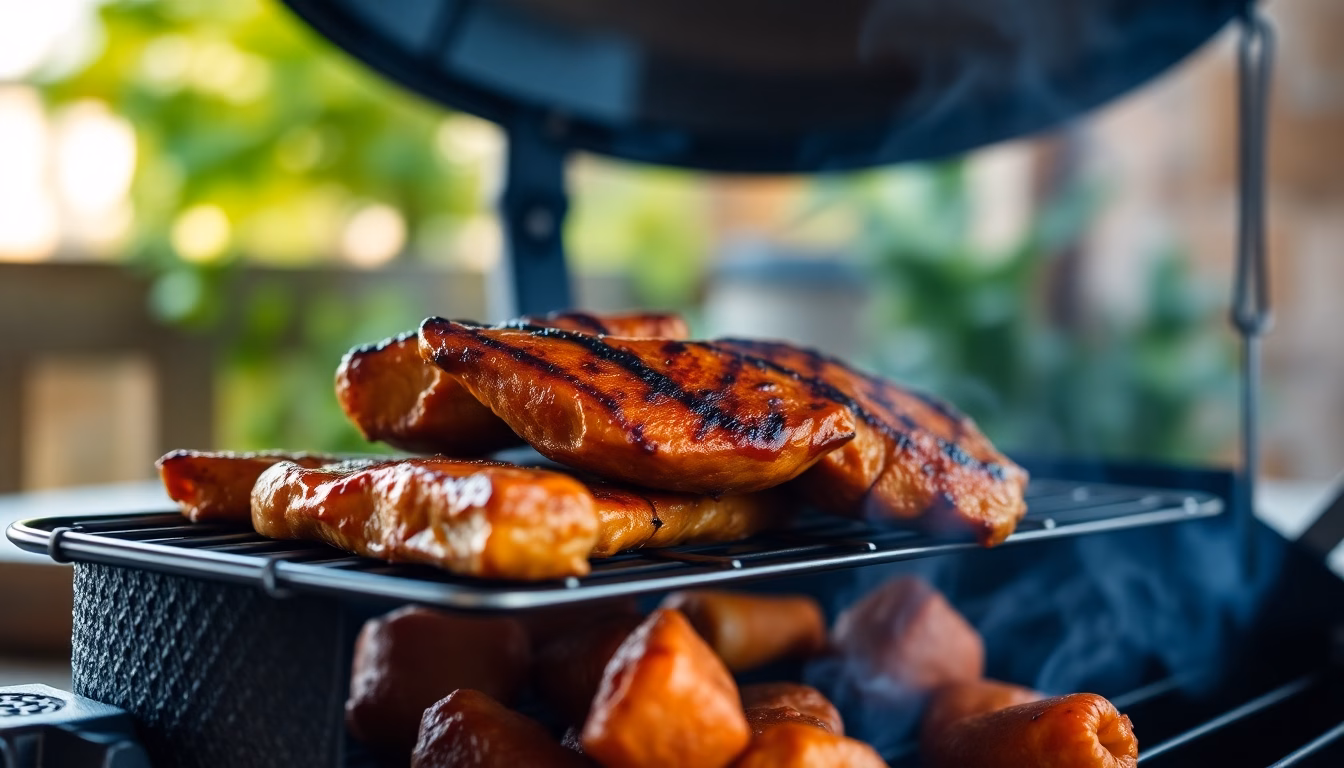 Norbert Tarayre avec un barbecue fumant et des brochettes